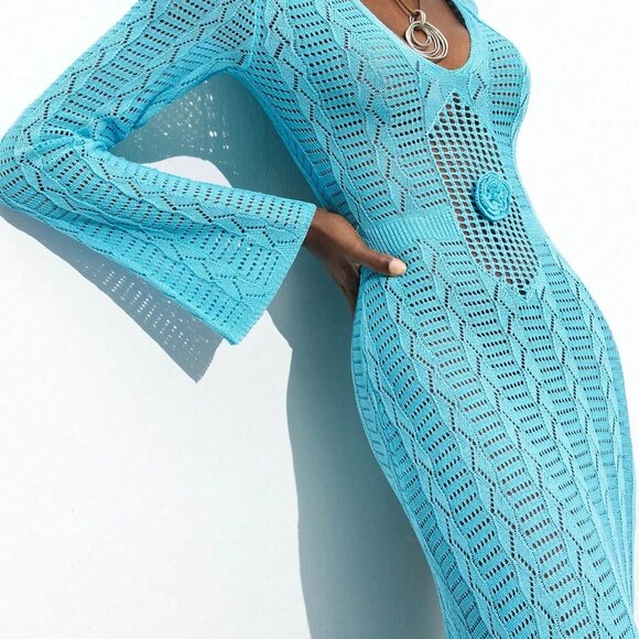 Blue Elegant Women's Season Hollow-Out Crochet Knit Dress - Picture 7 of 8
